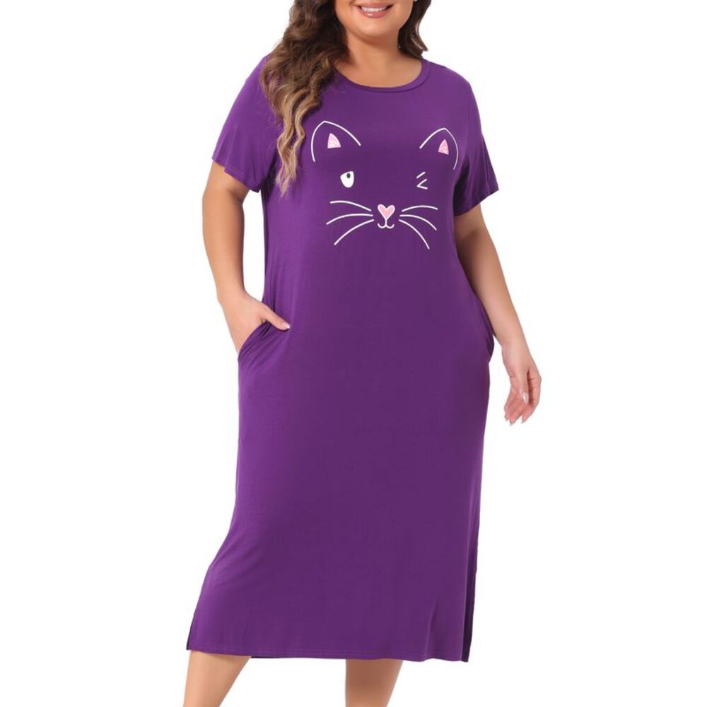 Plus Size Nightgown Pajamas Pockets Cute Cat Sleepwear Dark Purple